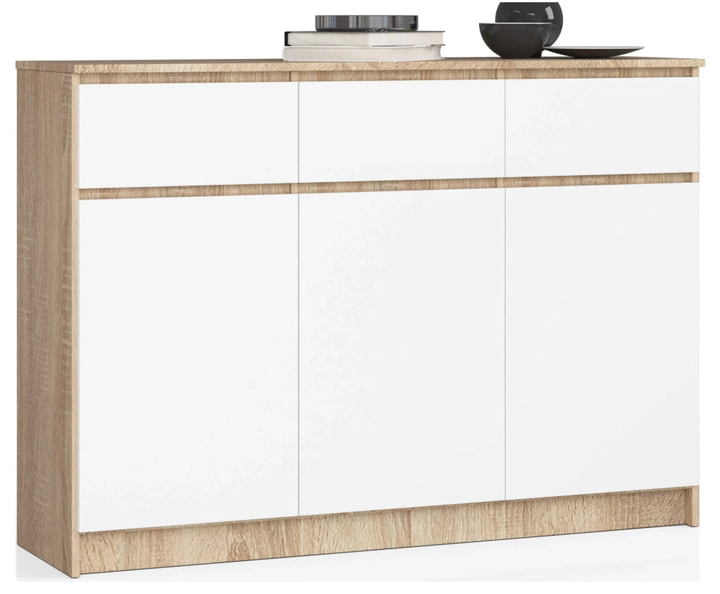 Cassettiera AKORD K140 Sonoma Quercia 138 cm 3 ante 3 cassetti inserto frontale Bianco 138x40x99 cm