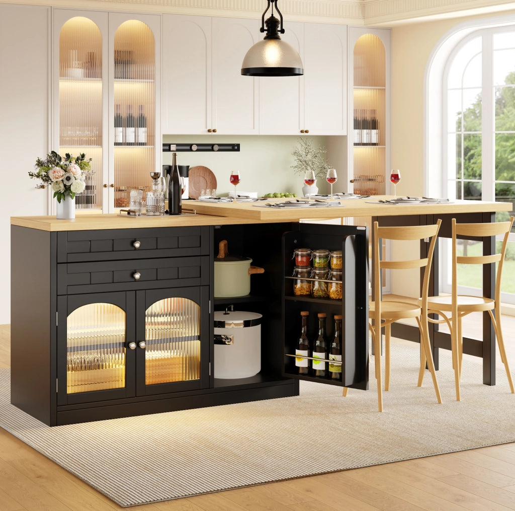 Mobile cucina estensibile 120x40x73.5 cm girevole a 360°; con cassetti; MDF e metallo nero