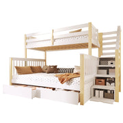 Letto a Castello 90x200 cm e 140x200 cm; con cassetti; scala laterale e sponda; Bianco e Naturale