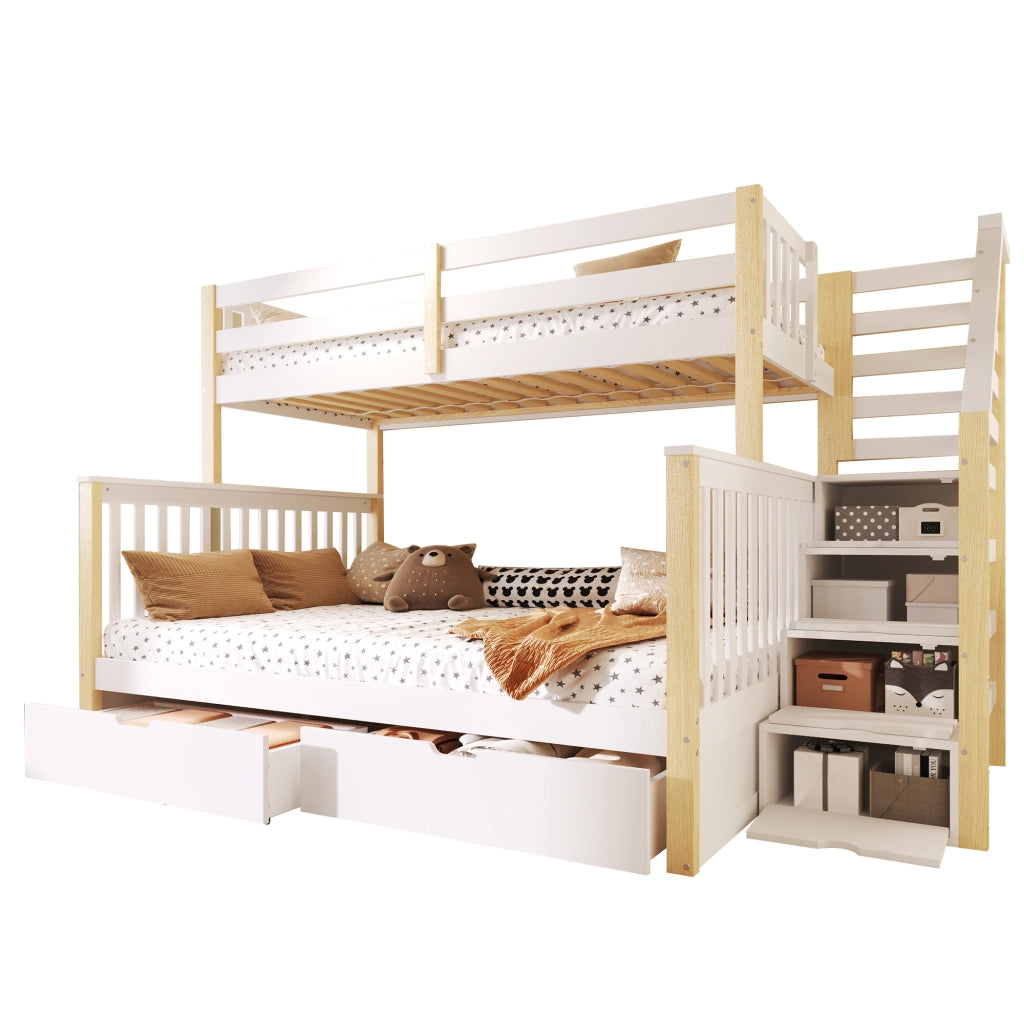 Letto a Castello 90x200 cm e 140x200 cm; con cassetti; scala laterale e sponda; Bianco e Naturale