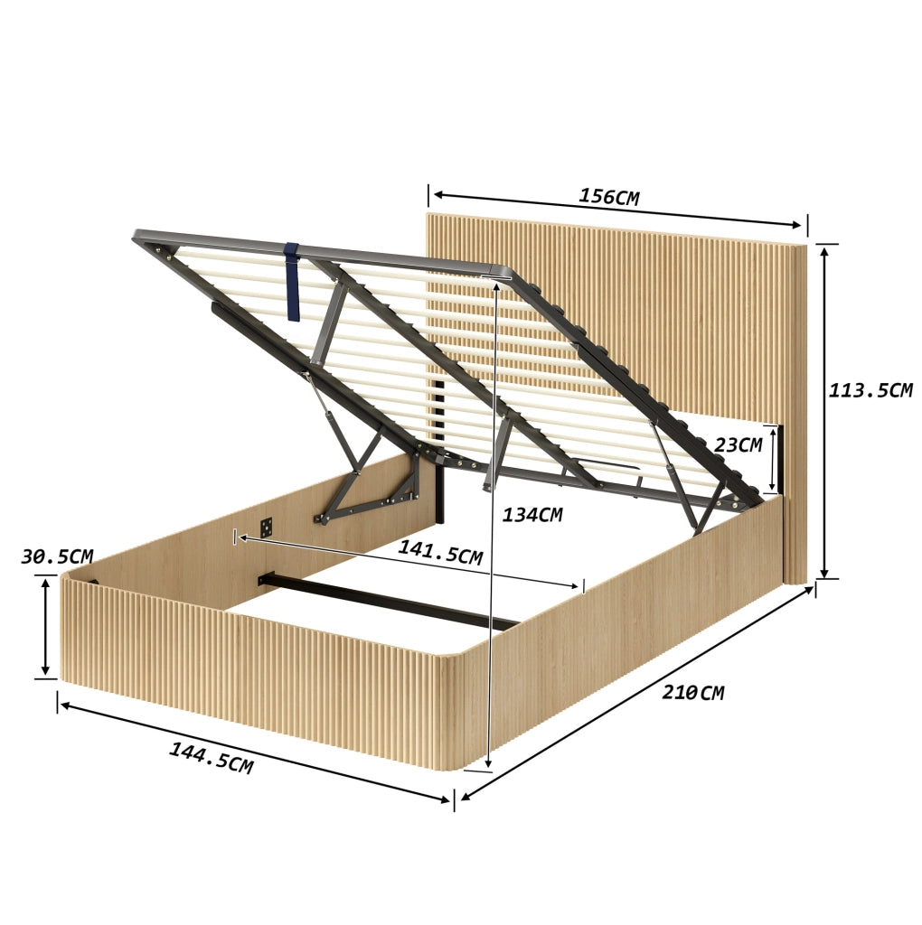 Letto 140x200 cm con contenitore e sistema idraulico in MDF e metallo; colore rovere chiaro