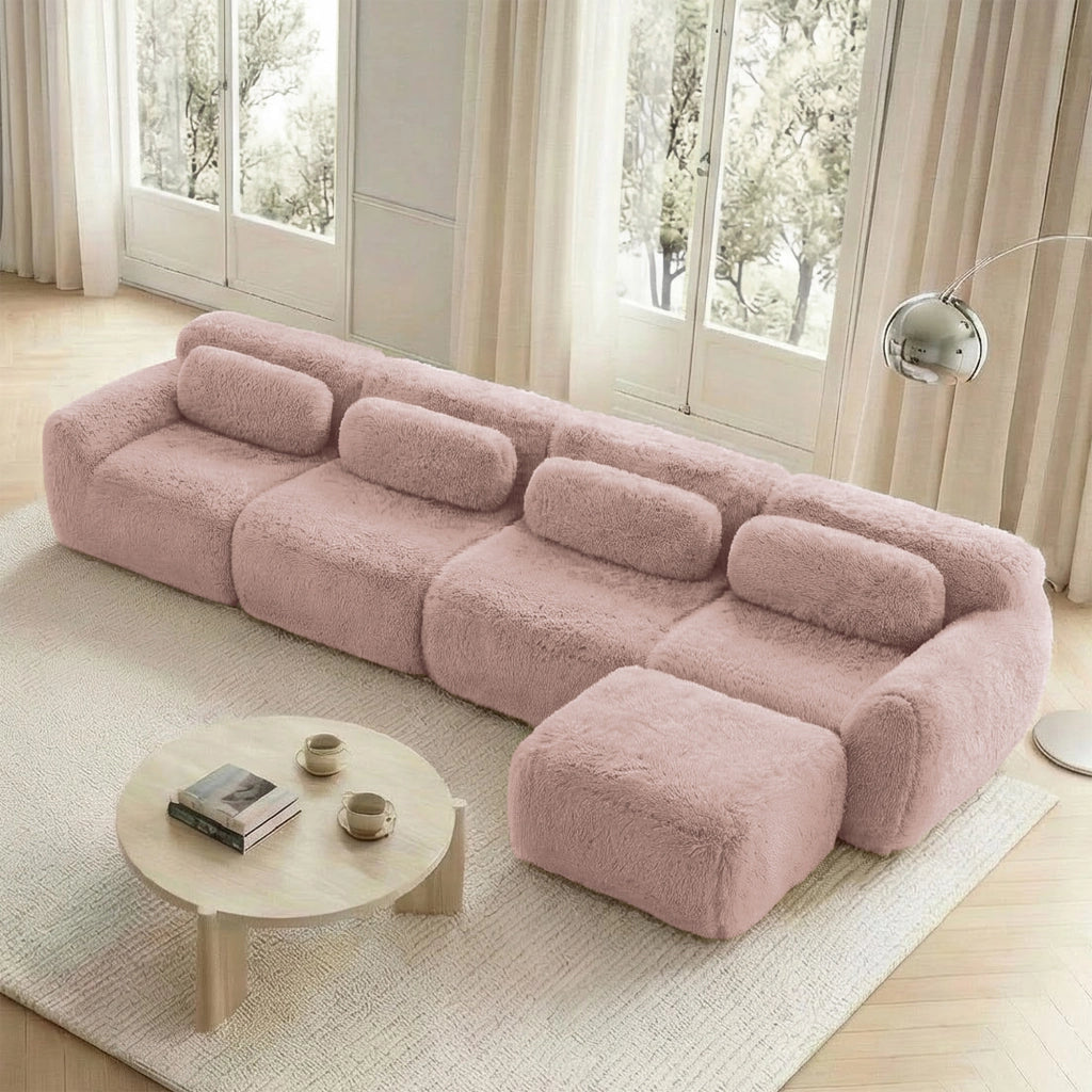 Divano Angolare 4 Posti con Chaise Longue ¨C MINIMAL ¨C Velluto Rosa, Cuscini Inclusi