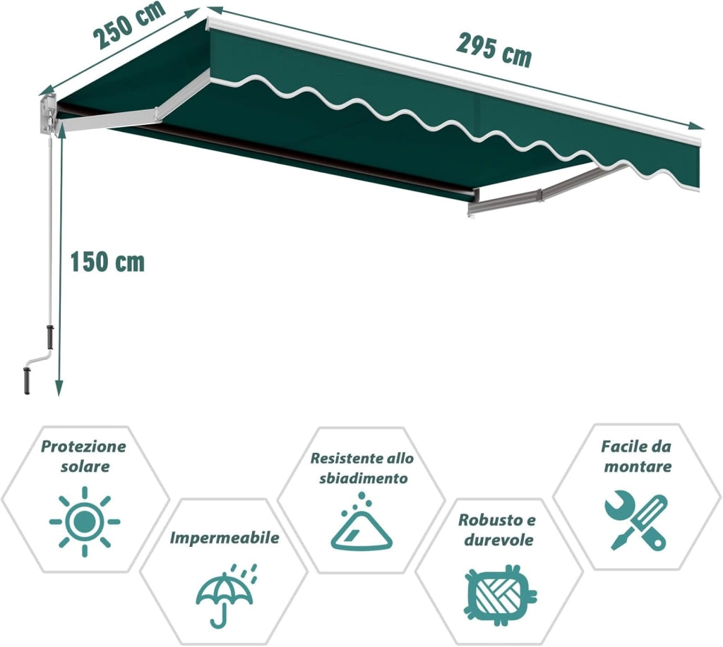 Tenda da Sole per Esterno Avvolgibile, Tenda da Sole a Bracci Estensibili con Telaio in Alluminio e Tettuccio Resistente al Sole e Impermeabile e Manovella (295 x 250 cm,Verde)