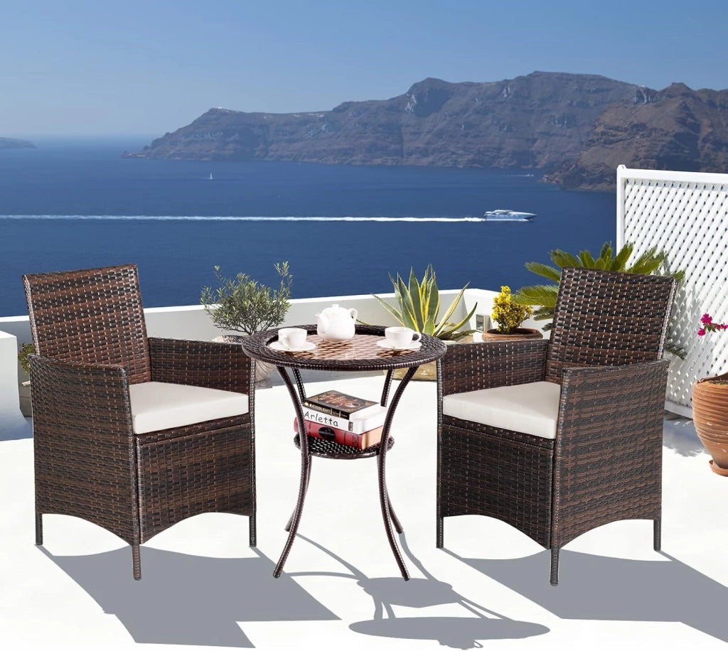Tavolo Appoggio da Giardino, a 2 Ripiani, Rotondo, Tavolino Esterno in Rattan e Vetro, Resistente all'Intemperie, Portata di 35 kg, per Piscina/Patio/Balcone, 64 x 71,5 cm