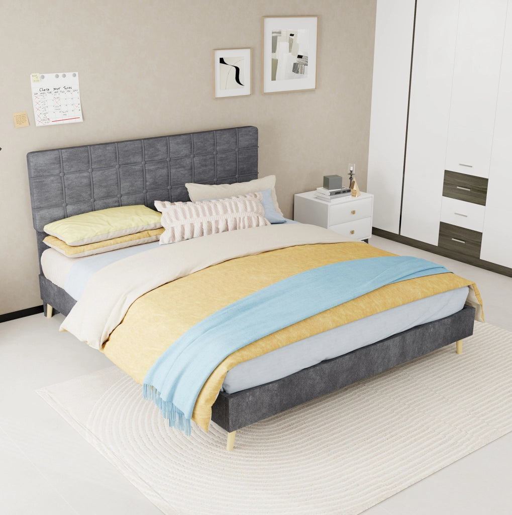 Letto 160x200 cm con testiera trapuntata in velluto grigio