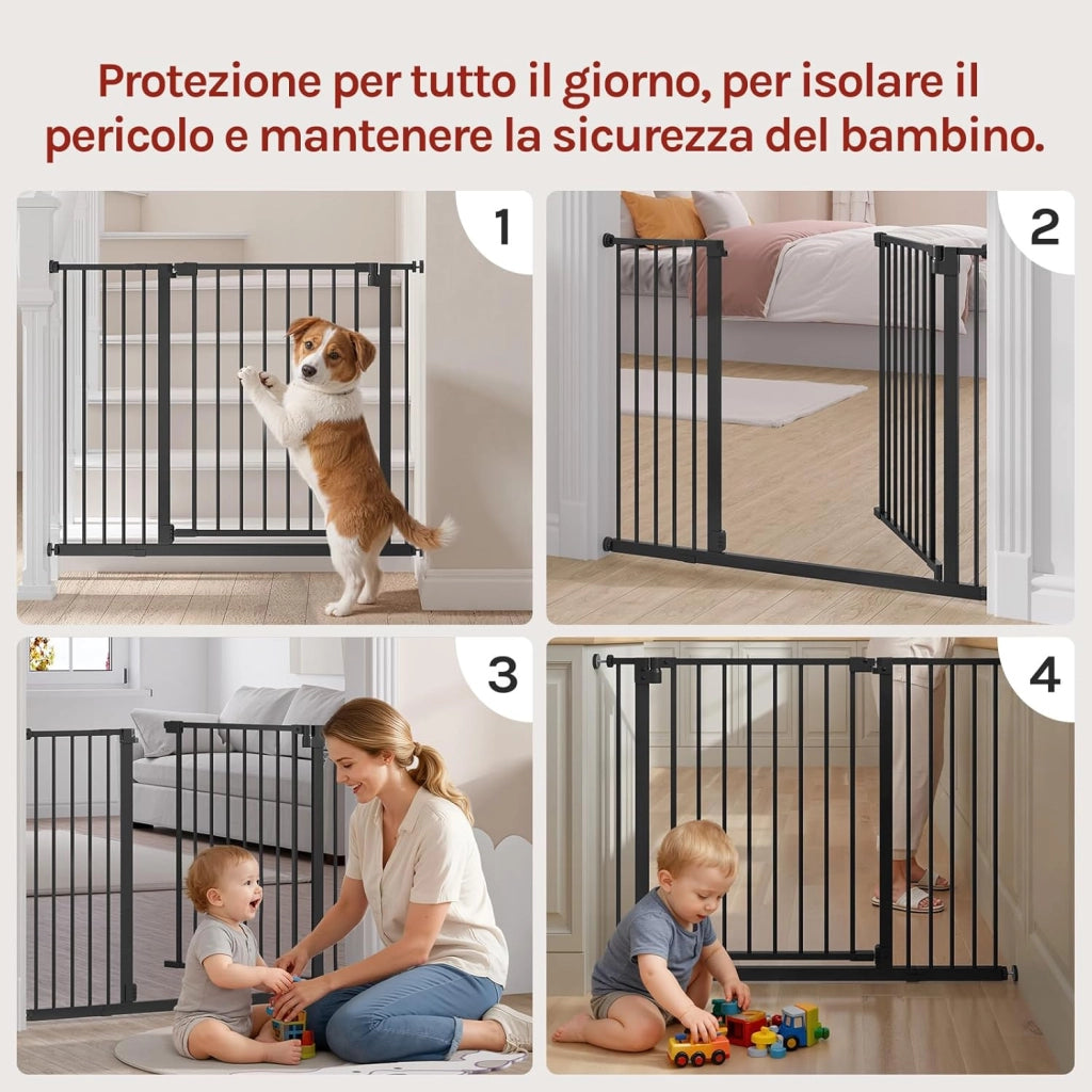 Cancelletto per Bambini in Metallo, Cancello per Scale e Porte 75-107 cm, per Cani, Apertura Bidirezionale, Chiusura Doppia, Montaggio con o senza Fori, Bianco