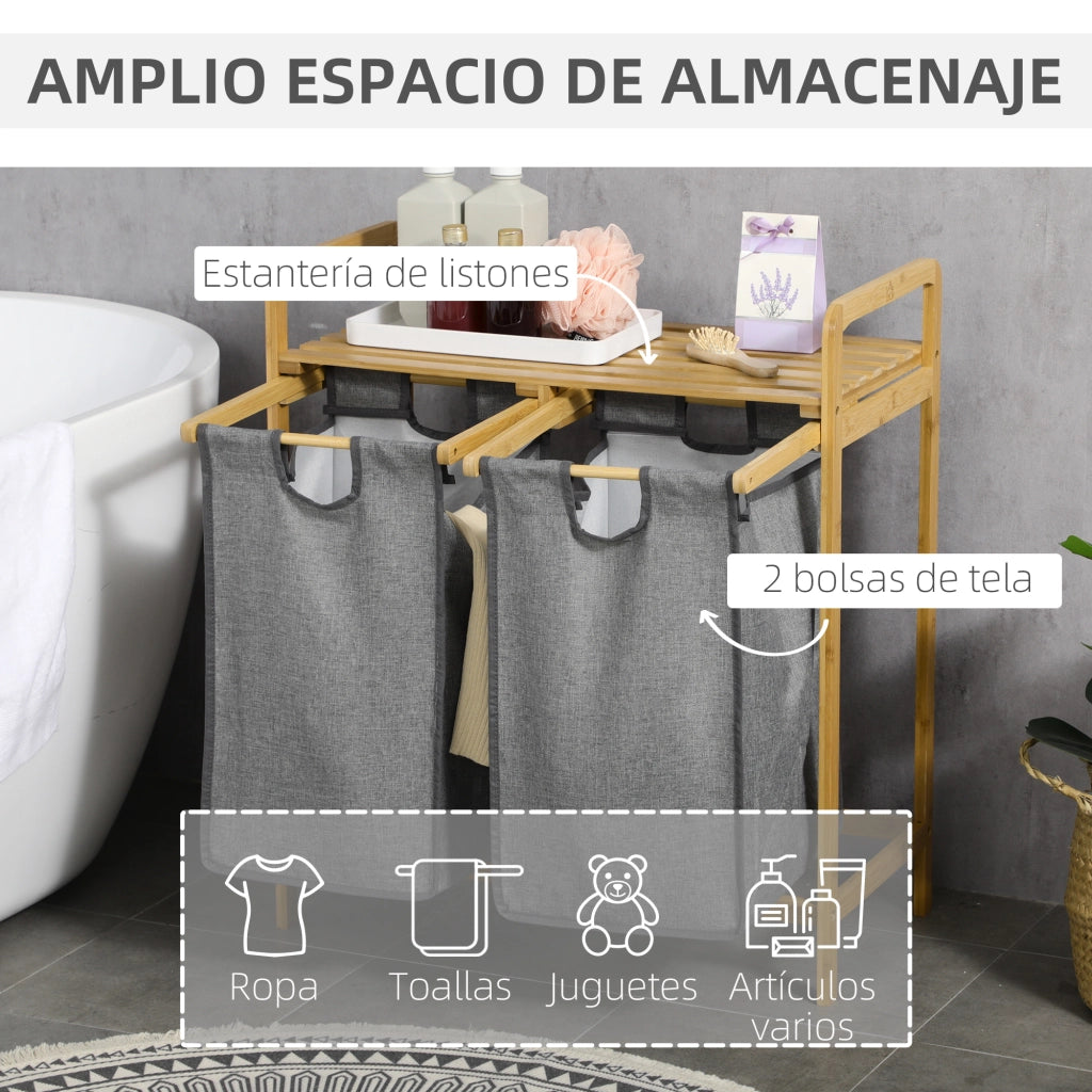 Cesto per Biancheria in Bamb¨´ con 2 Sacchetti e Ripiano ¨C Zephmum ¨C 63.5x33x73 cm Naturale Grigio