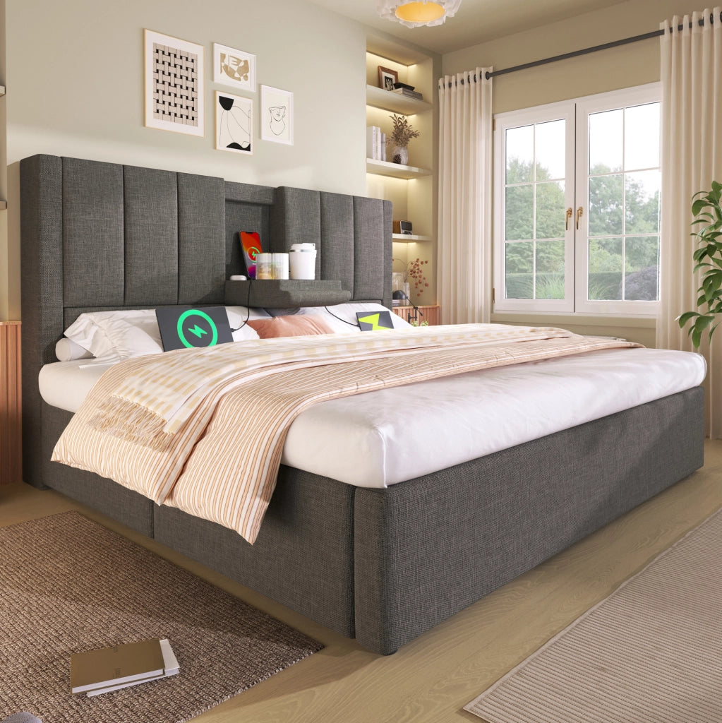 Letto imbottito 140x190 cm con ricarica USB-C e vano contenitore