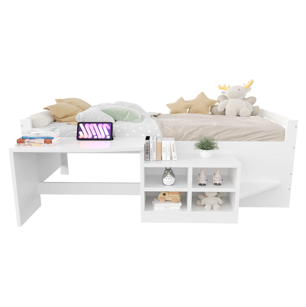 Letto multifunzionale 90x200 cm con scrivania, vani contenitore e prese