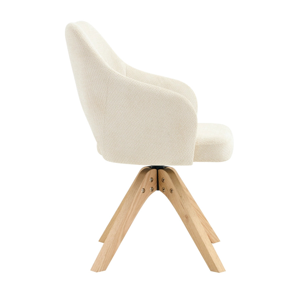 Set di 2 sedie girevoli da pranzo in tessuto strutturato beige-bianco con gambe in legno massello, rotazione 360° e portata fino a 120 kg