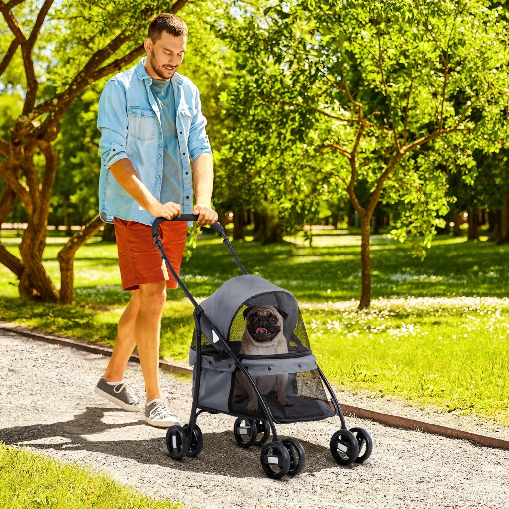 Passeggino per Cani Pieghevole 82x47x97 cm con Borsa e 2 Guinzagli Grigio e Nero