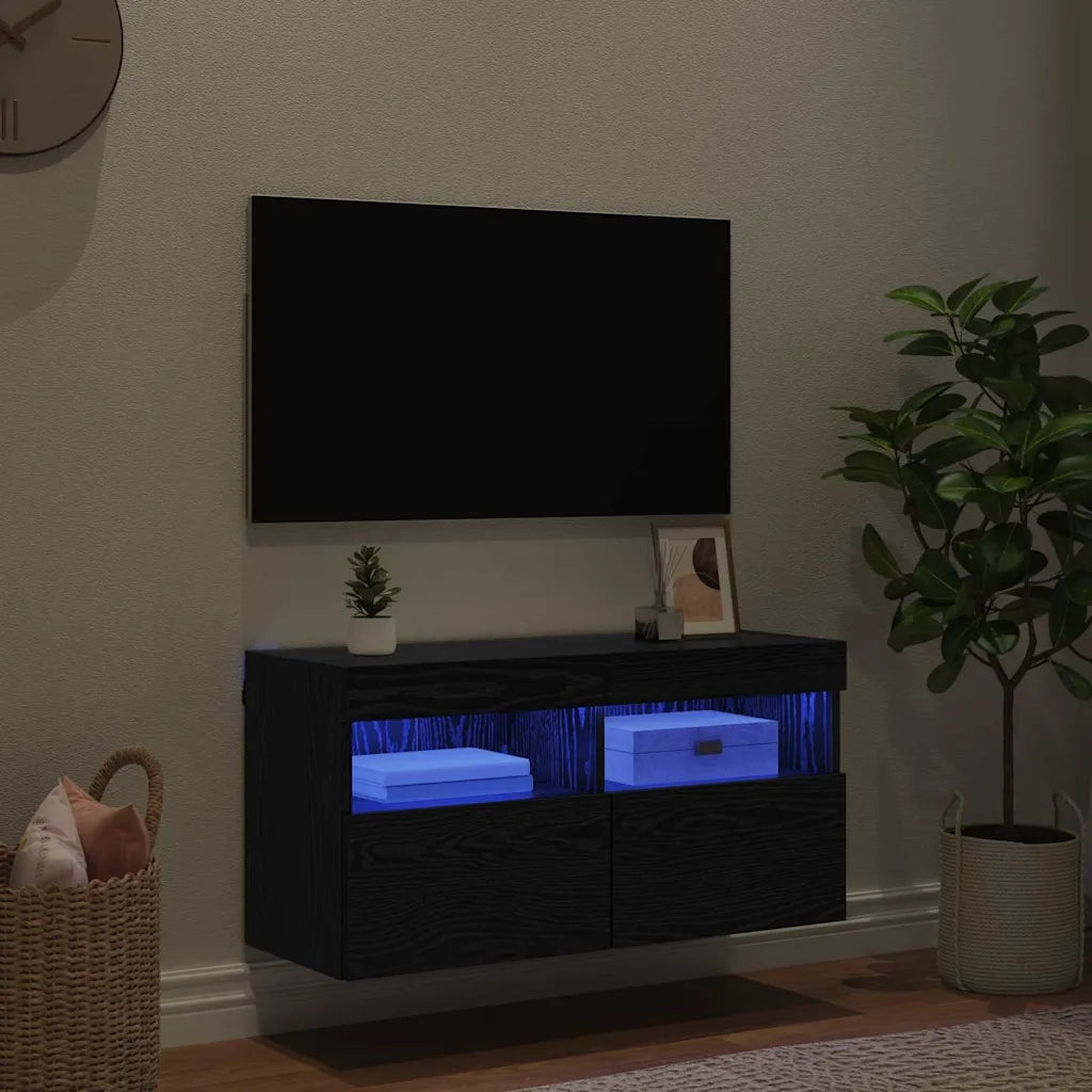Mobile TV da parete con LED Rovere Nero 80 x 30 x 40 cm