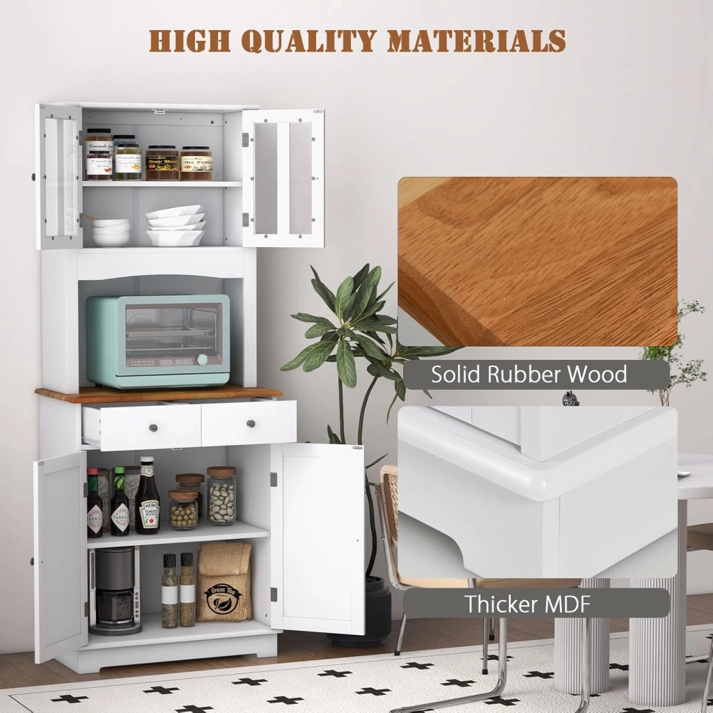 Credenza Alta da Cucina 170 cm con Ante e 2 Cassetti, Mobile Portaoggetti con Dispositivo Antiribaltamento e Ripiani Regolabili, Armadio a Buffet per Sala da Pranzo, Soggiorno (Bianco)
