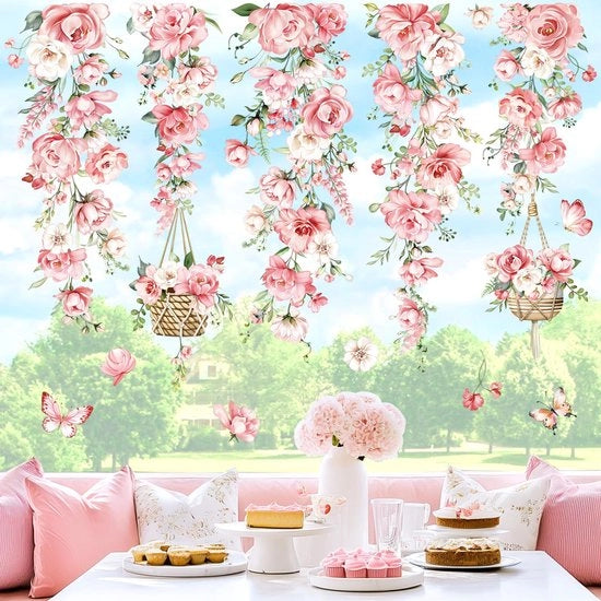 Decalcomanie per Finestre Sticker Fiori Rosa Decalcomanie per Finestre Fiori Rampicanti a Sospensione Fiori Decalcomanie per Finestre Antibatteriche Fiori Decalcomanie per Finestre con Effetto Vetro Sticker per Finestre