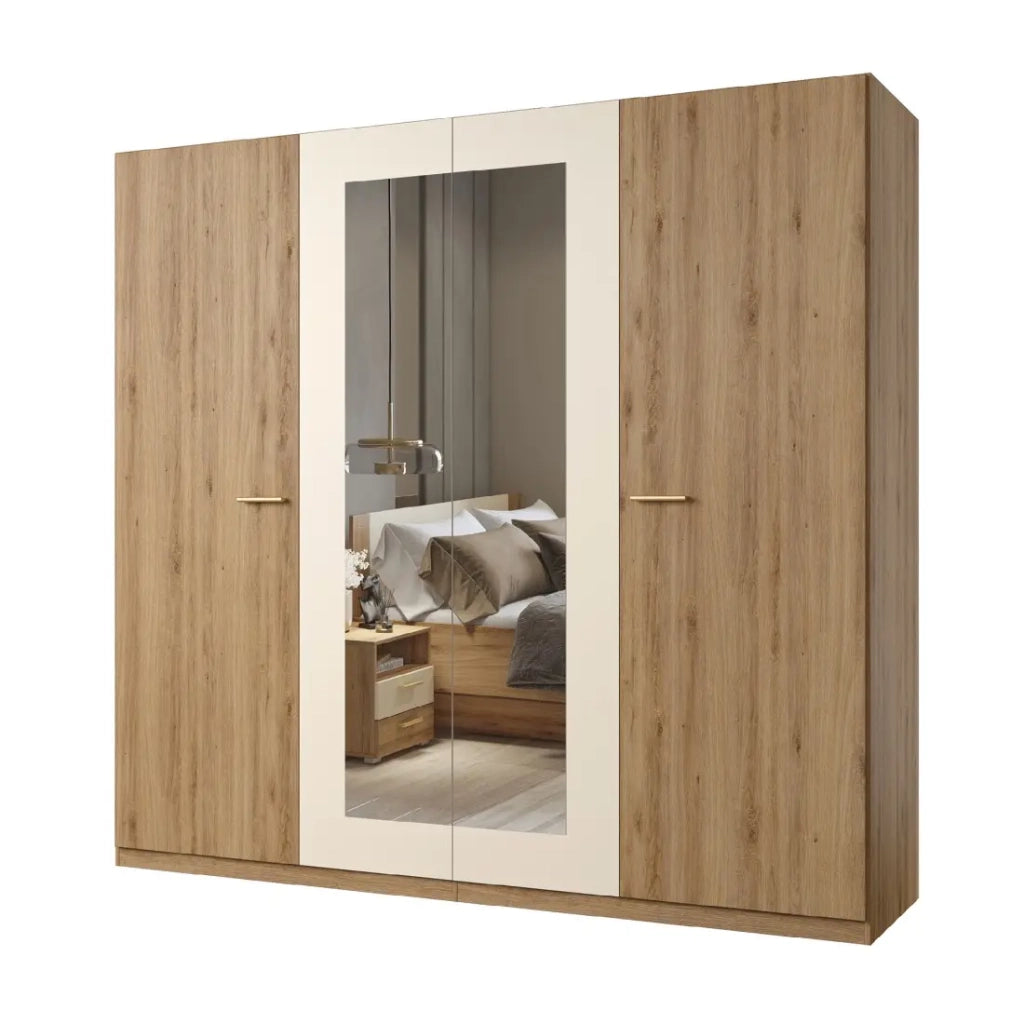 Armadio VERTIGO – 4 porte con specchio – 228x215 cm – Rovere selvaggio e beige sabbia