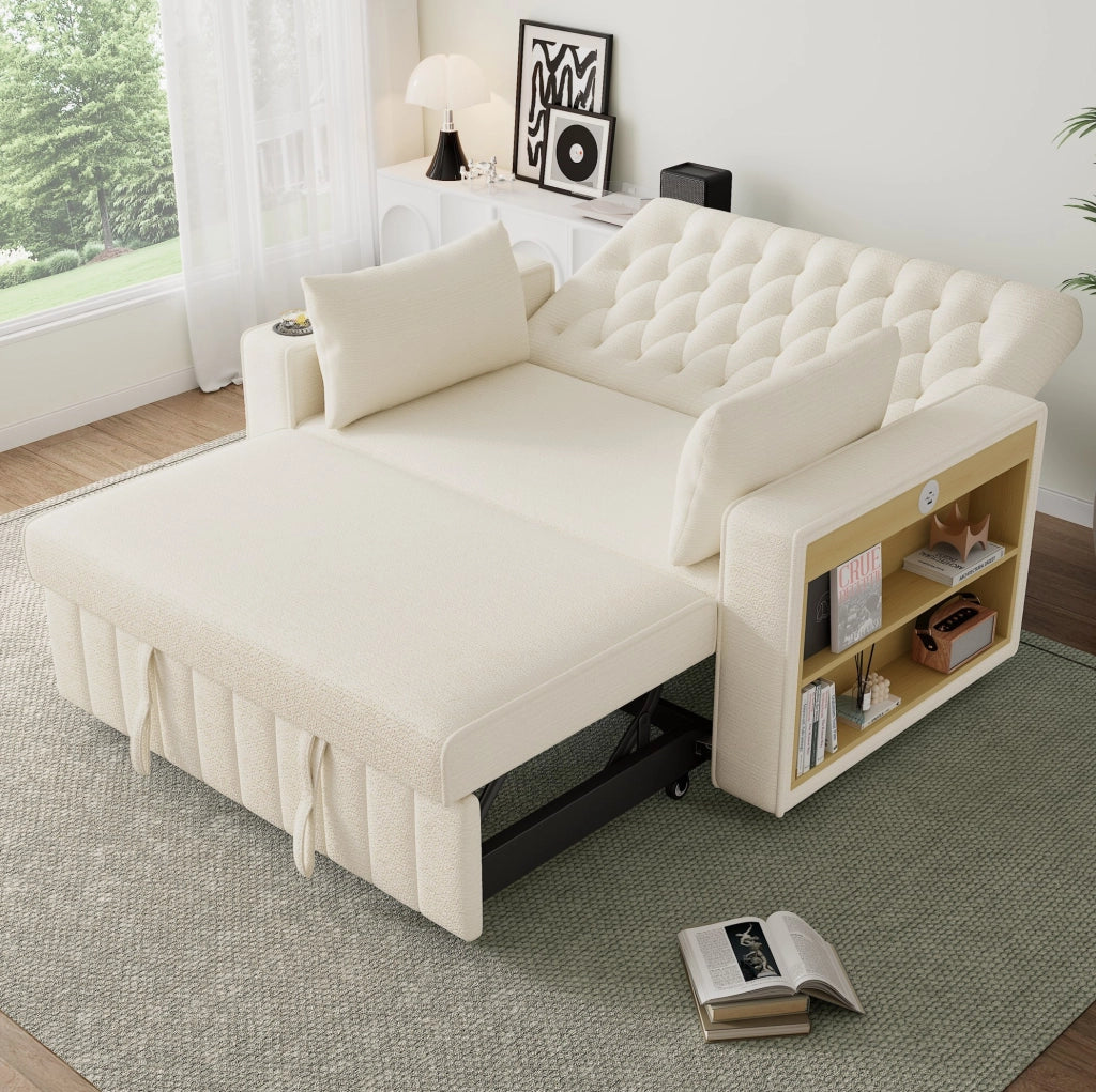 Divano letto 140x137x84 cm con schienale regolabile e portabicchieri in chenille beige