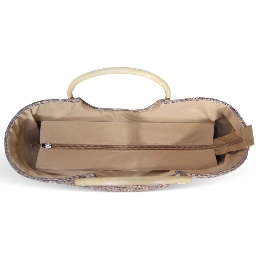 Borsa mare donna Paviera noce in paglia intrecciata con manici tondi in rattan