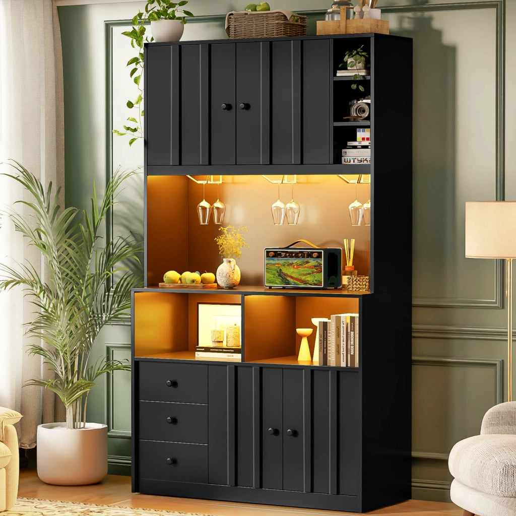 Credenza alta con vetrina, prese USB e RGB LED, per cucina e sala da pranzo, in MDF nero, 100 × 40 × 180 cm