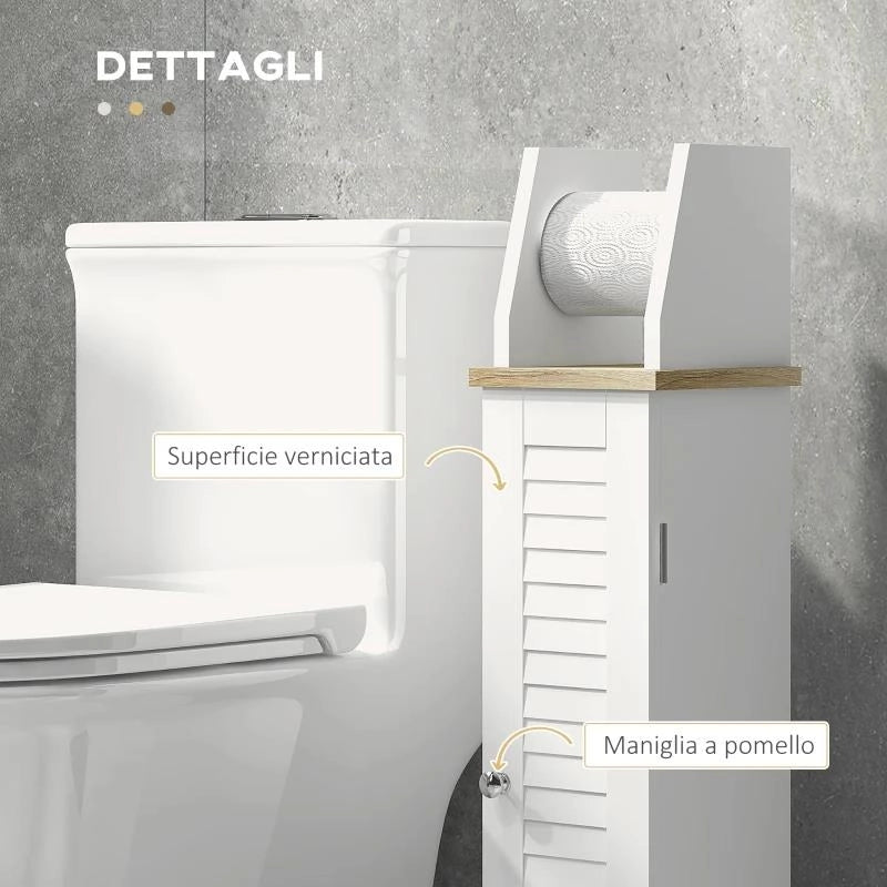 MOBILE BAGNO PORTA CARTA IGIENICA SALVASPAZIO CON ARMADIETTO E MENSOLA REGOLABILE, 18X20X80 CM, BIANCO