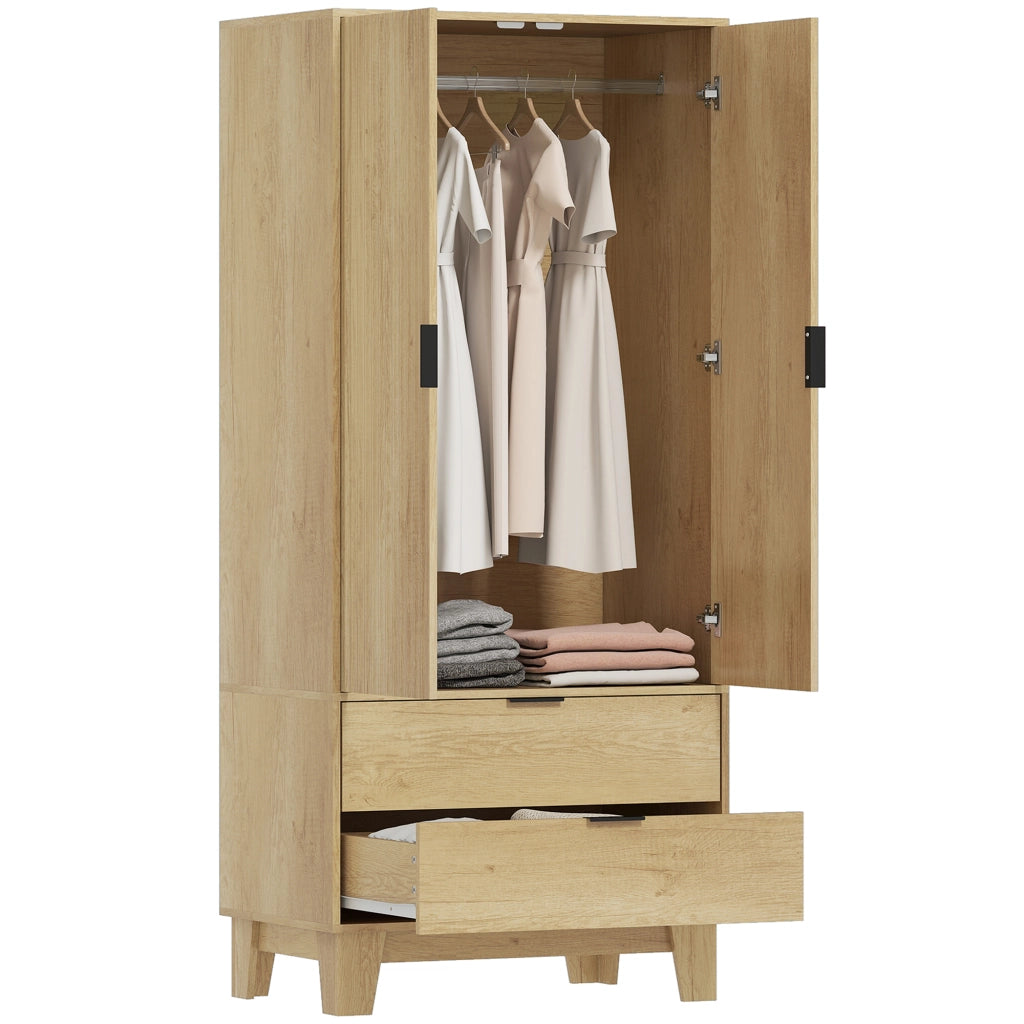 Armadio Camera da Letto con 2 Ante Scorrevoli 2 Cassetti Appendiabiti ¨C zephmum ¨C 80x50x180 Legno Naturale