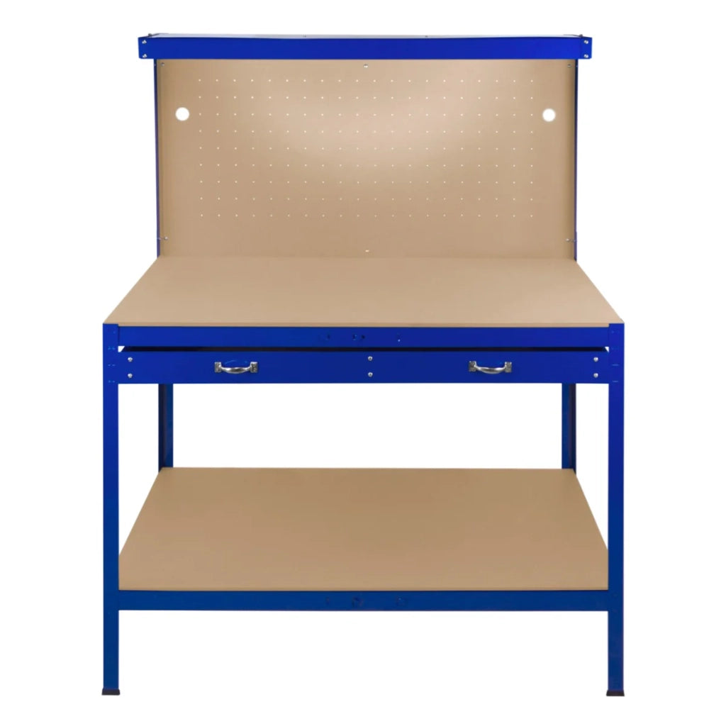 Banco da lavoro con cassetti multiuso da 120 cm con luce LED ripiani e opzioni di stoccaggio intelligenti per garage, officine e magazzini - Capacità di carico 200 kg - Blu