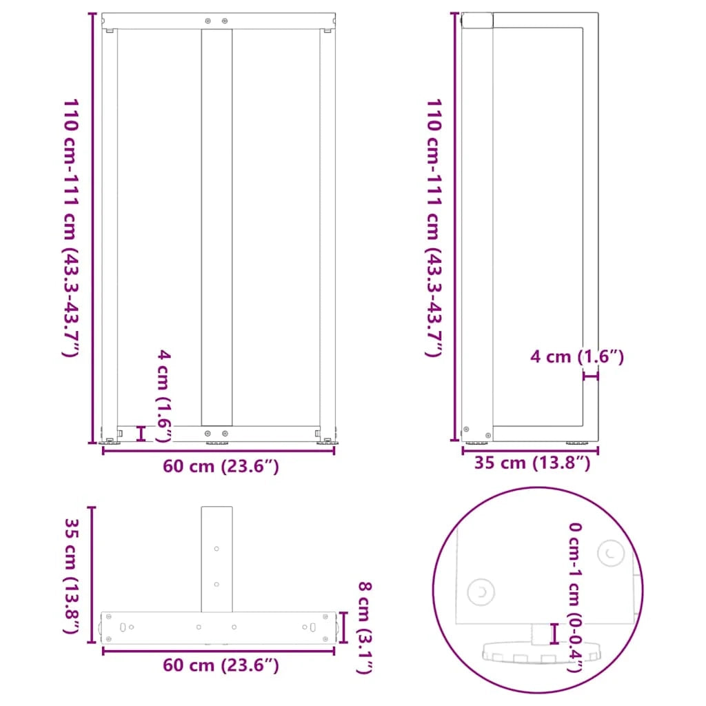 Set di 2 gambe robuste per tavolo da bar a forma di T 60 x 35 x 110 cm con piedini regolabili acciaio antracite 02_0057366