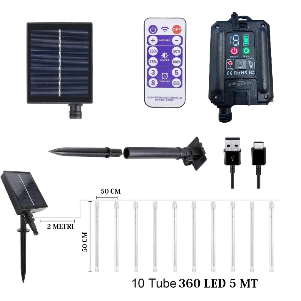 Luci di Natale Catena Luminosa natalizia a LED di 10 Meteoriti a Ricarica solare e USB con Telecomando luce calda