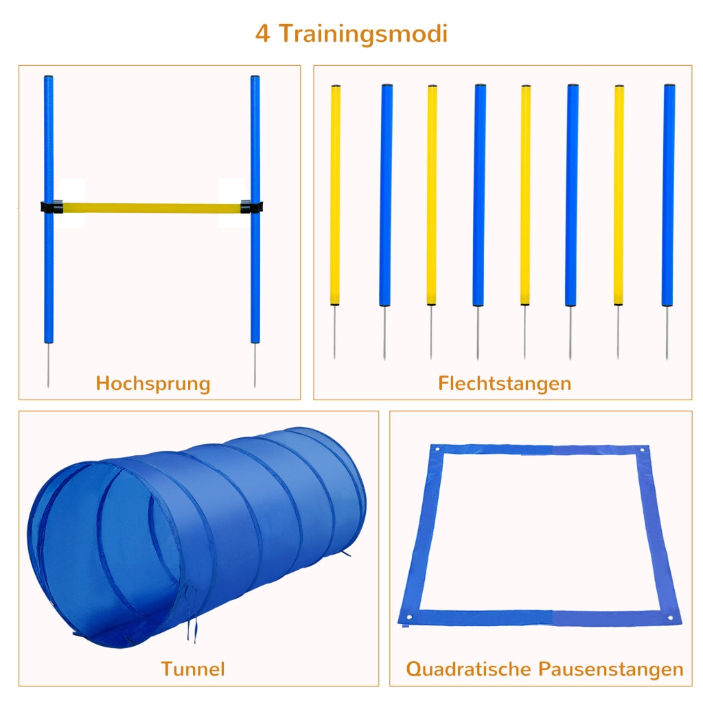 Set Agility per Cani 4 Pezzi ¨C Xylo ¨C Tunnel, Ostacoli, 8 Paletti Slalom, Borsa, Giallo+Blu