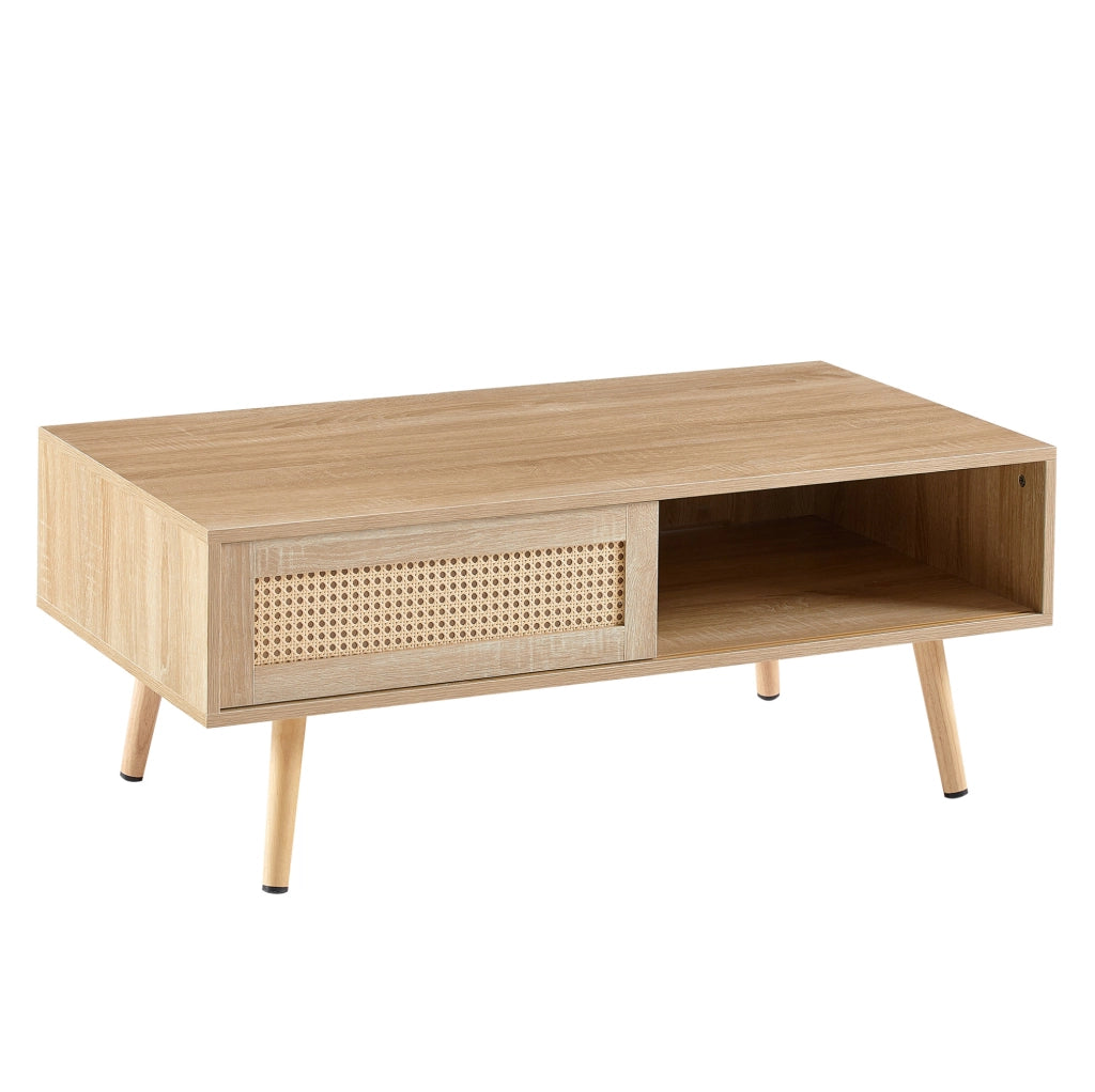 Tavolino da caffè con porta scorrevole; gambe in legno; effetto rattan; MDF; naturale