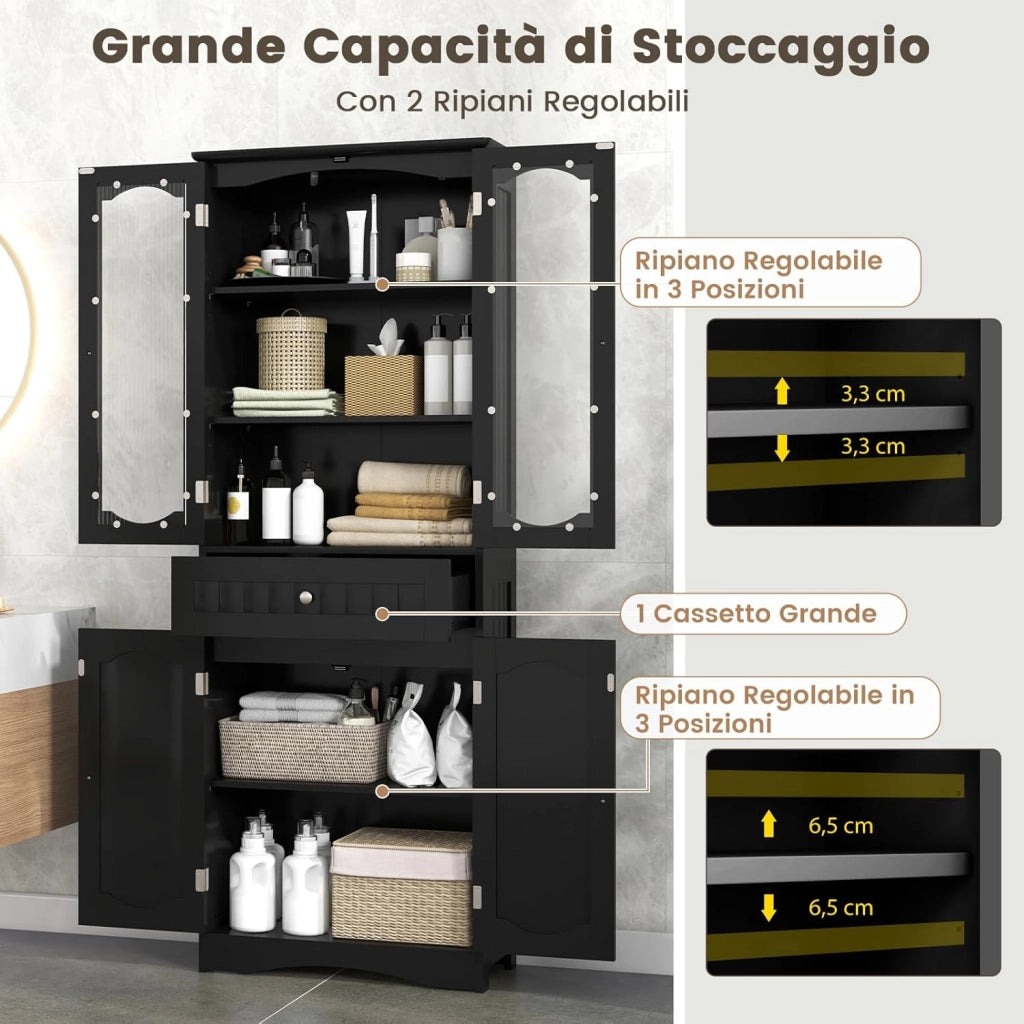 Armadietto Salvaspazio 60 x 30 x 160cm, Mobile Bagno con 2 Ripiani Regolabili, Cassetto e 2 Porte in Vetro Temprato, Armadio da Bagno per Ufficio, Soggiorno e Camera da Letto, Bianco (Nero)