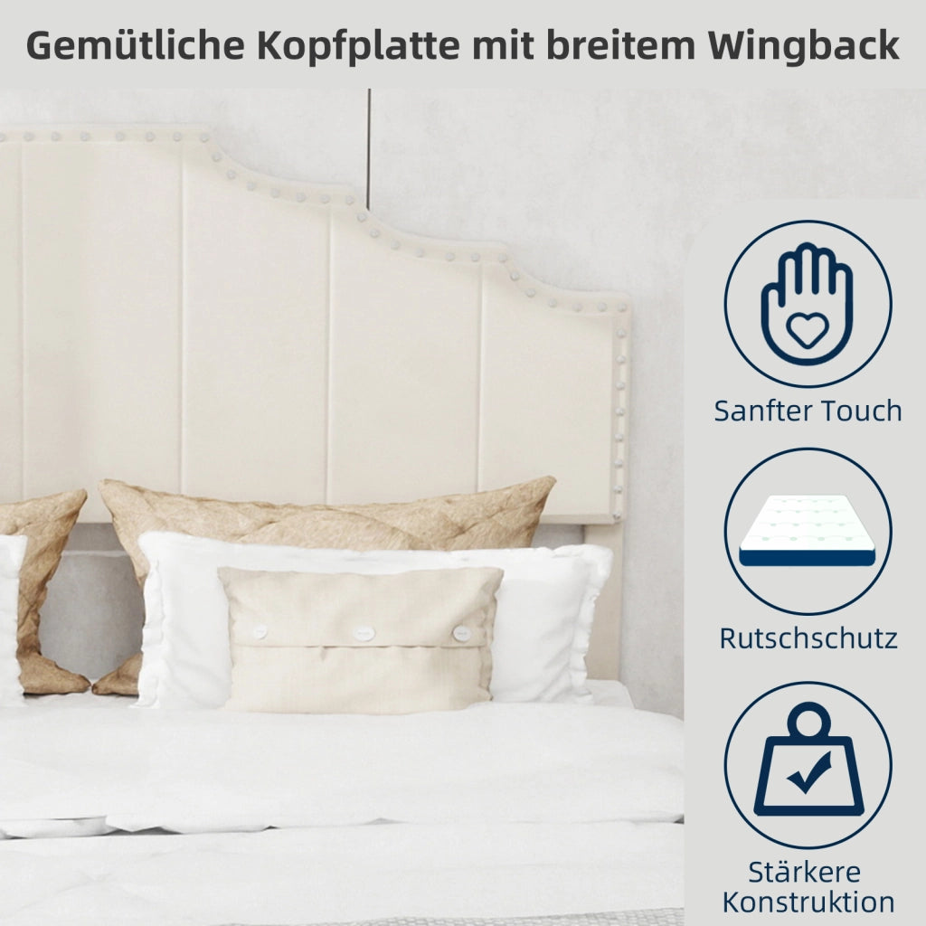 Letto 160x200 cm con Testiera Geometrica; in Tessuto e Metallo; Beige