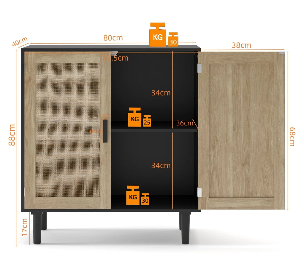 Mobile contenitore 80 cm a 2 ante nero con rattan