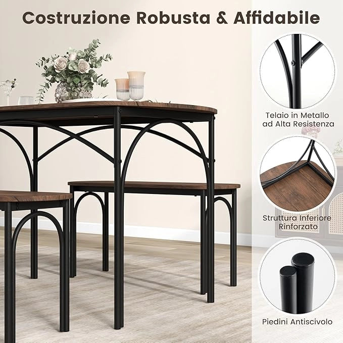 Tavolo da Pranzo con 2 Panche, Set di Tavolo e Panca in Legno e Metallo per 4 Persone, Set Mobile Salvaspazio e Moderno da Cucina, Sala da Pranzo e Soggiorno, Marrone