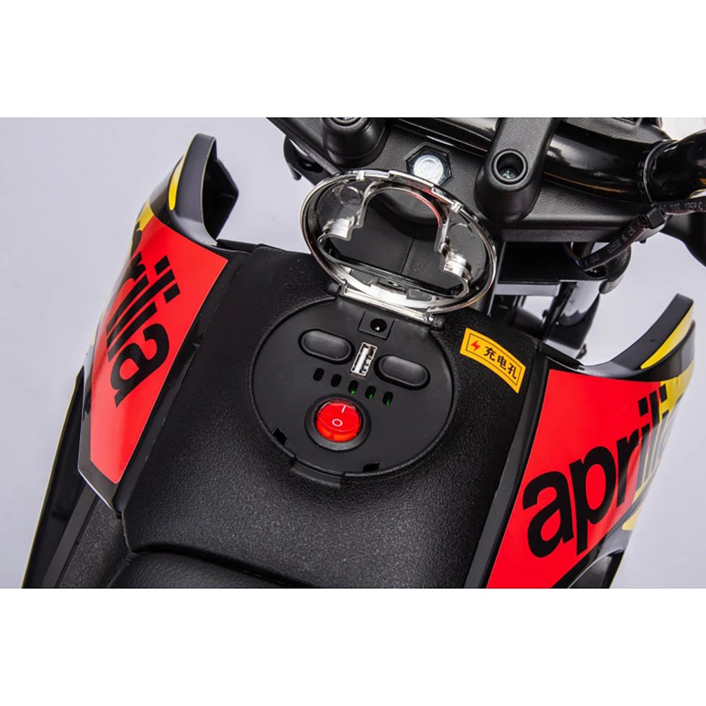 Moto Elettrica per Bambini Aprilia RX-125 Small 12V Cross Sedili In Pelle Luci Led Bluetooth Sospensioni a Molla Giallo