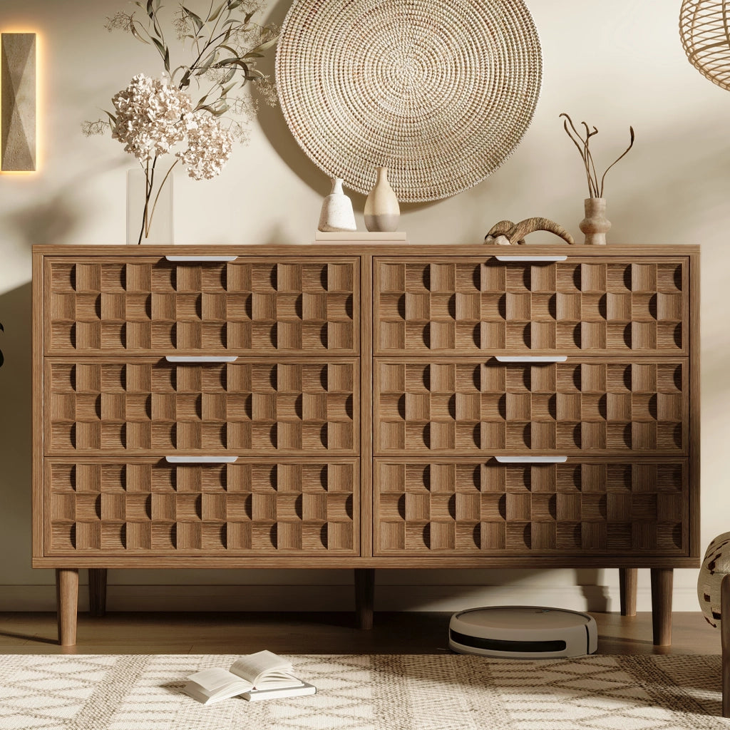 Credenza 120x37x77 cm con 6 cassetti in MDF colore rovere