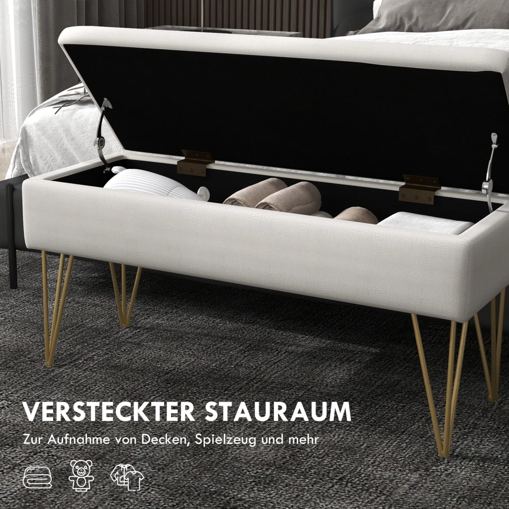 Panca da letto imbottita con vano contenitore e gambe in acciaio in tessuto effetto lino crema 100 × 40 × 49 cm