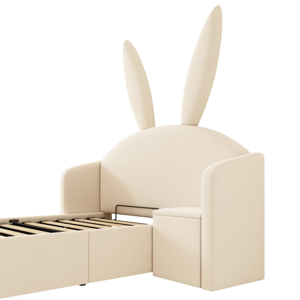 Letto per bambini 90 × 200 cm con contenitore idraulico, comodino reversibile, senza materasso, beige