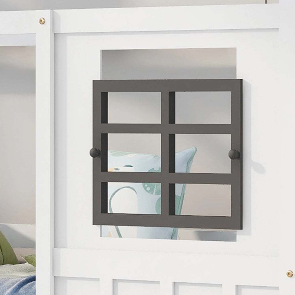 Letto per bambini singolo 90×200 cm con finestre e barriera di sicurezza; senza materasso; legno massello; bianco