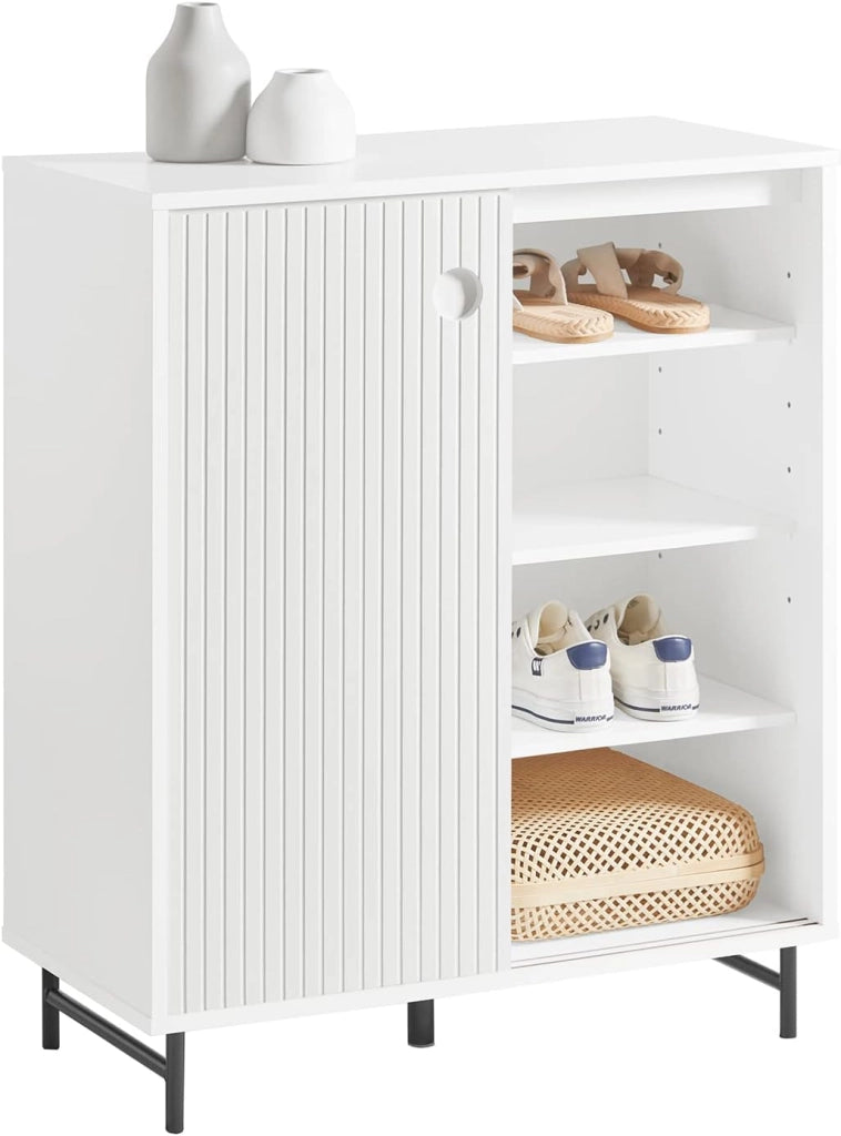 Mobile Ingresso Credenza Soggiorno Salvaspazio con Anta Scorrevole, Mobile da Cucina, Mobiletto Moderno in Legno con Gambe in Bambù, Design Elegante e Stabile, Bianco, 70x37x87cm, FSB62-W