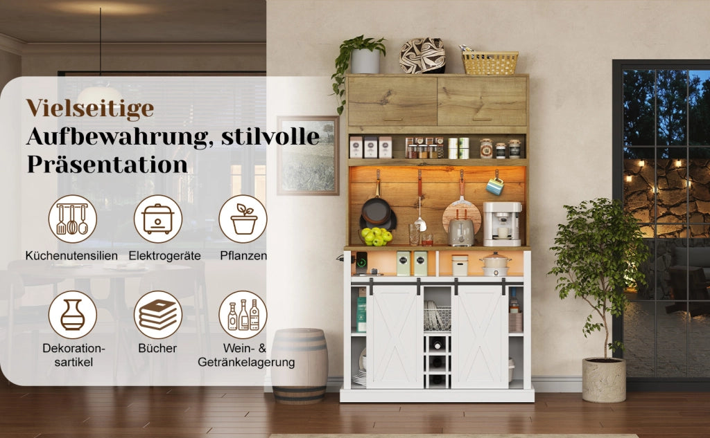 Credenza alta da cucina con vetrina, LED RGB, ripiani aperti e ante scorrevoli, 110 x 40 x 191 cm