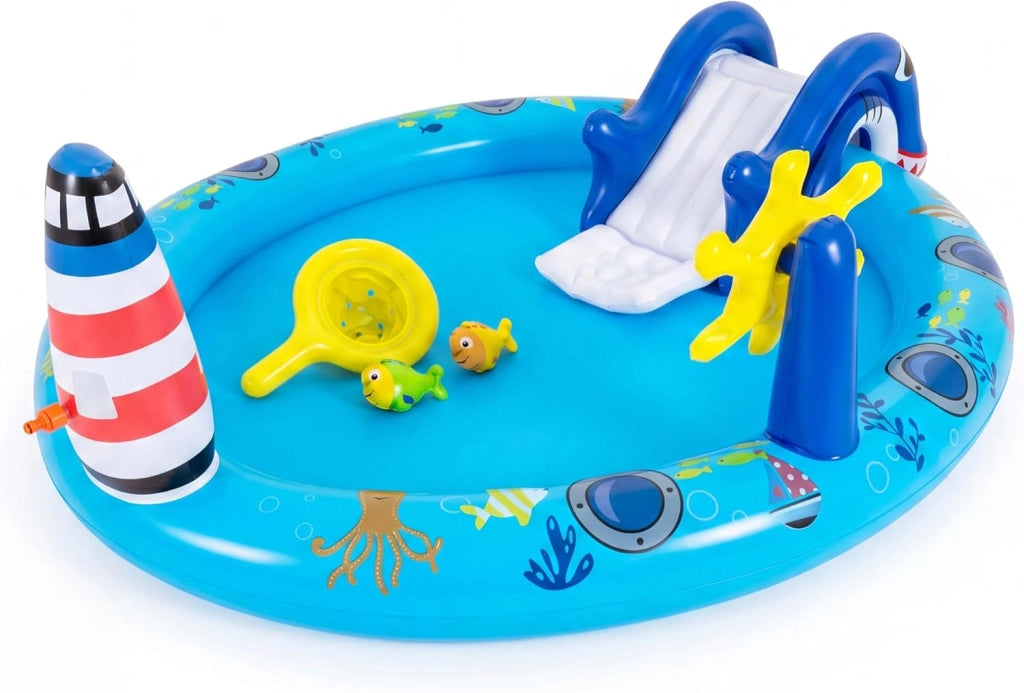 Piscina Gonfiabile Bambini, Parco Giochi Acquatico a Tema Marino con Scivolo, Irrigatore, Timone, 2 Pesci Giocattolo, Retino e 2 Toppe di Riparazione per Bambini 2-6 Anni, 188 X 153 X 63 CM