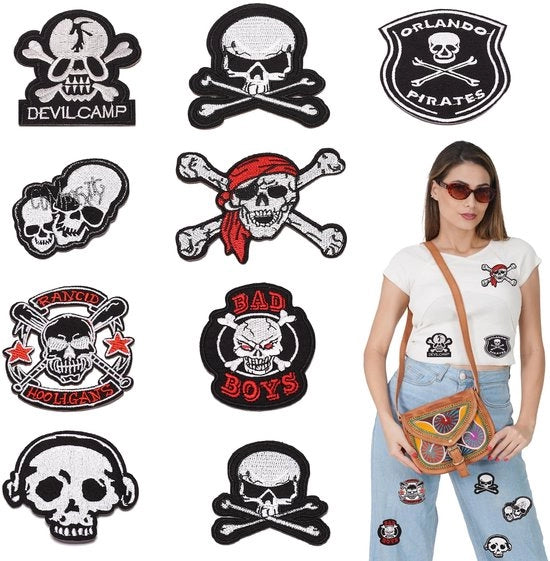 Pannelli per abbigliamento - 9 pezzi - Ricamati - Adesivi per asciugamani - Sostenibili - Disegno teschio - Multicolore - Pannelli per abbigliamento