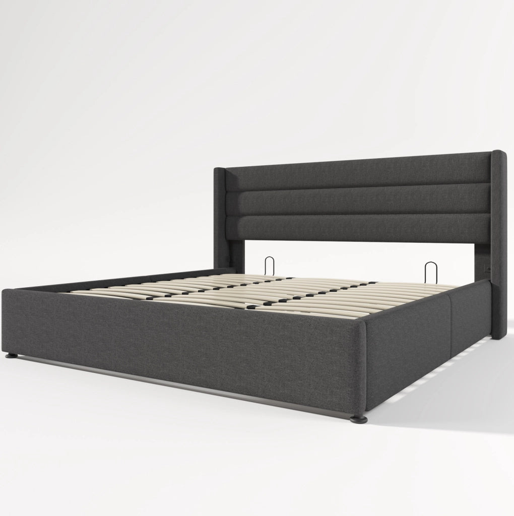 Letto imbottito 214.5x193.5x114 cm con contenitore e rete sollevabile in lino grigio