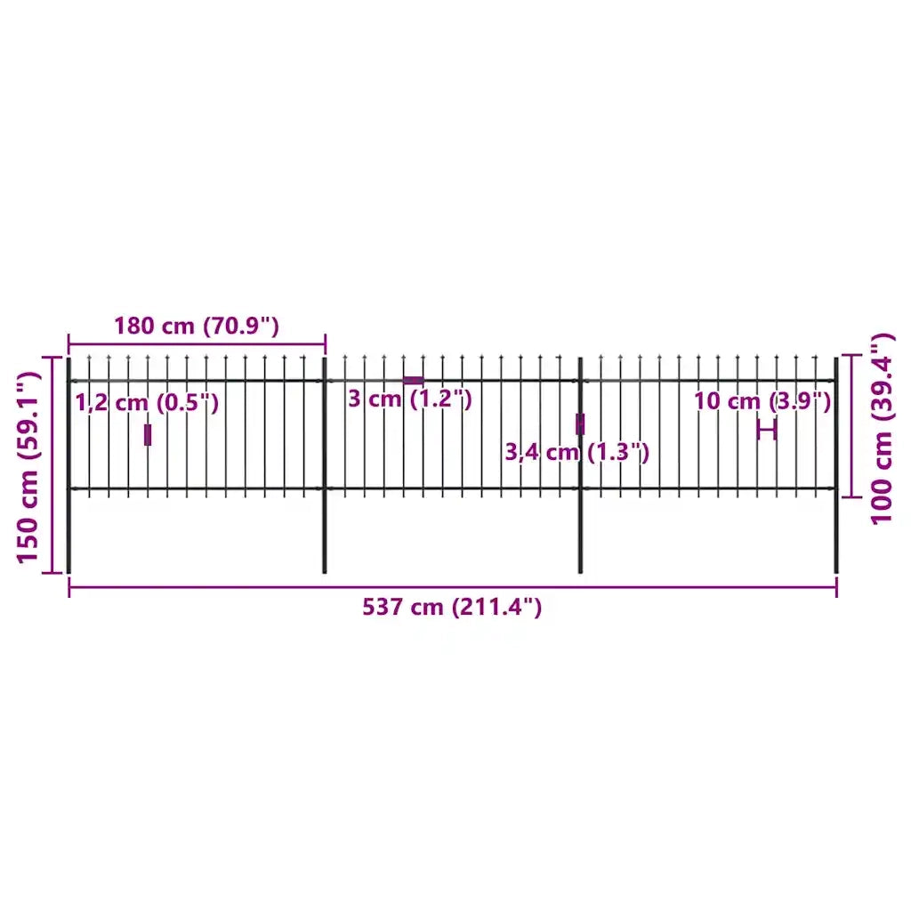 Recinzione da Giardino con Punta a Lancia in Acciaio 537x100 cm Nera 277613