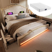 Letto matrimoniale 140x200 cm in velluto beige con LED; porte USB Type-C e 4 cassetti; con materasso