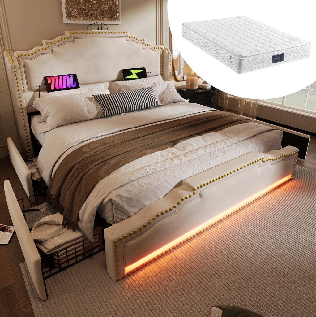 Letto matrimoniale 140x200 cm in velluto beige con LED; porte USB Type-C e 4 cassetti; con materasso
