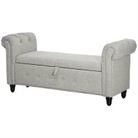 Panca Baule 2 in 1 in Tessuto Effetto Lino con Gambe in Legno, 146,5 x 49 x 72 cm, Grigio