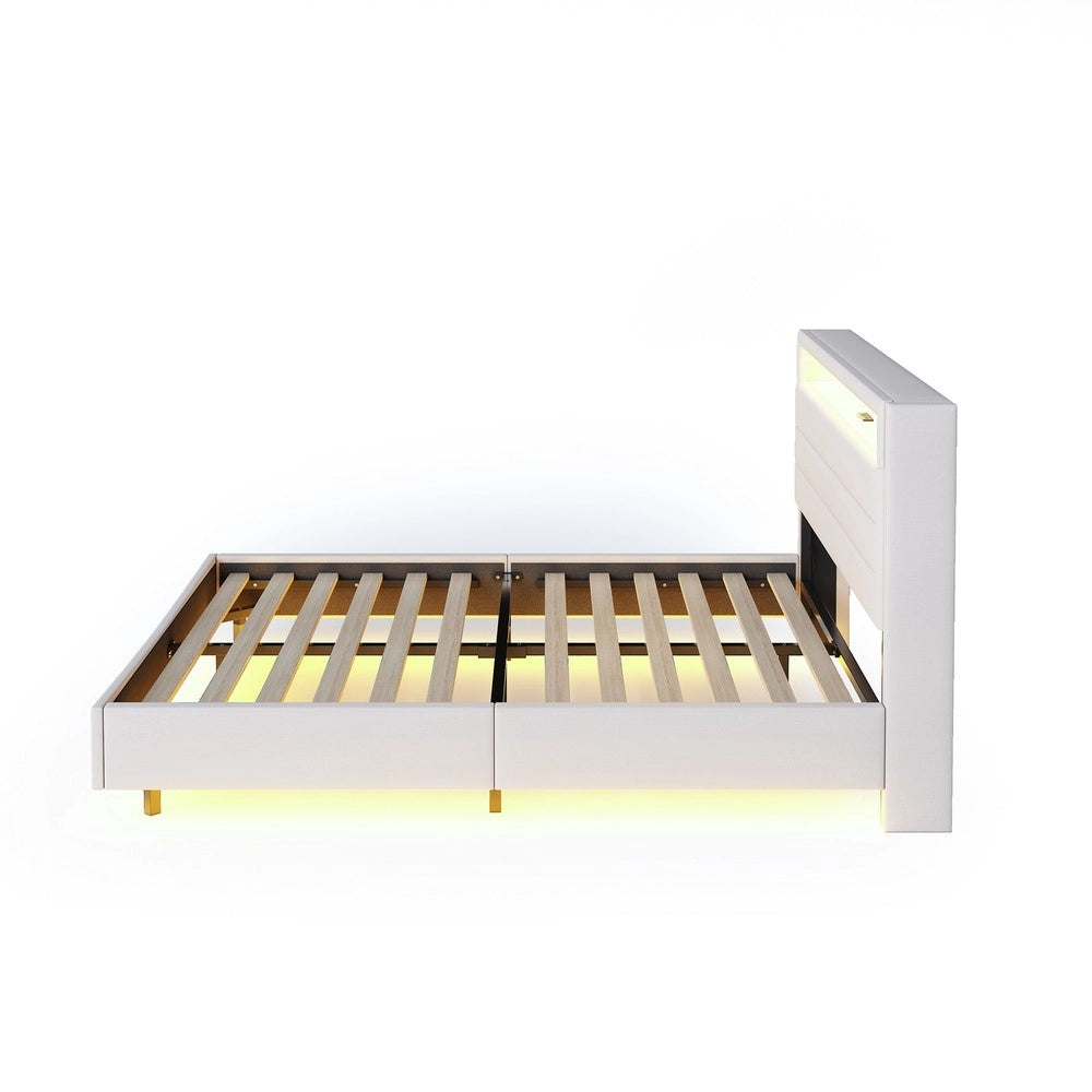Letto Imbottito Matrimoniale con LED e USB ¨C MINIMAL ¨C Testiera Reversibile, Tessuto Beige, 140x200
