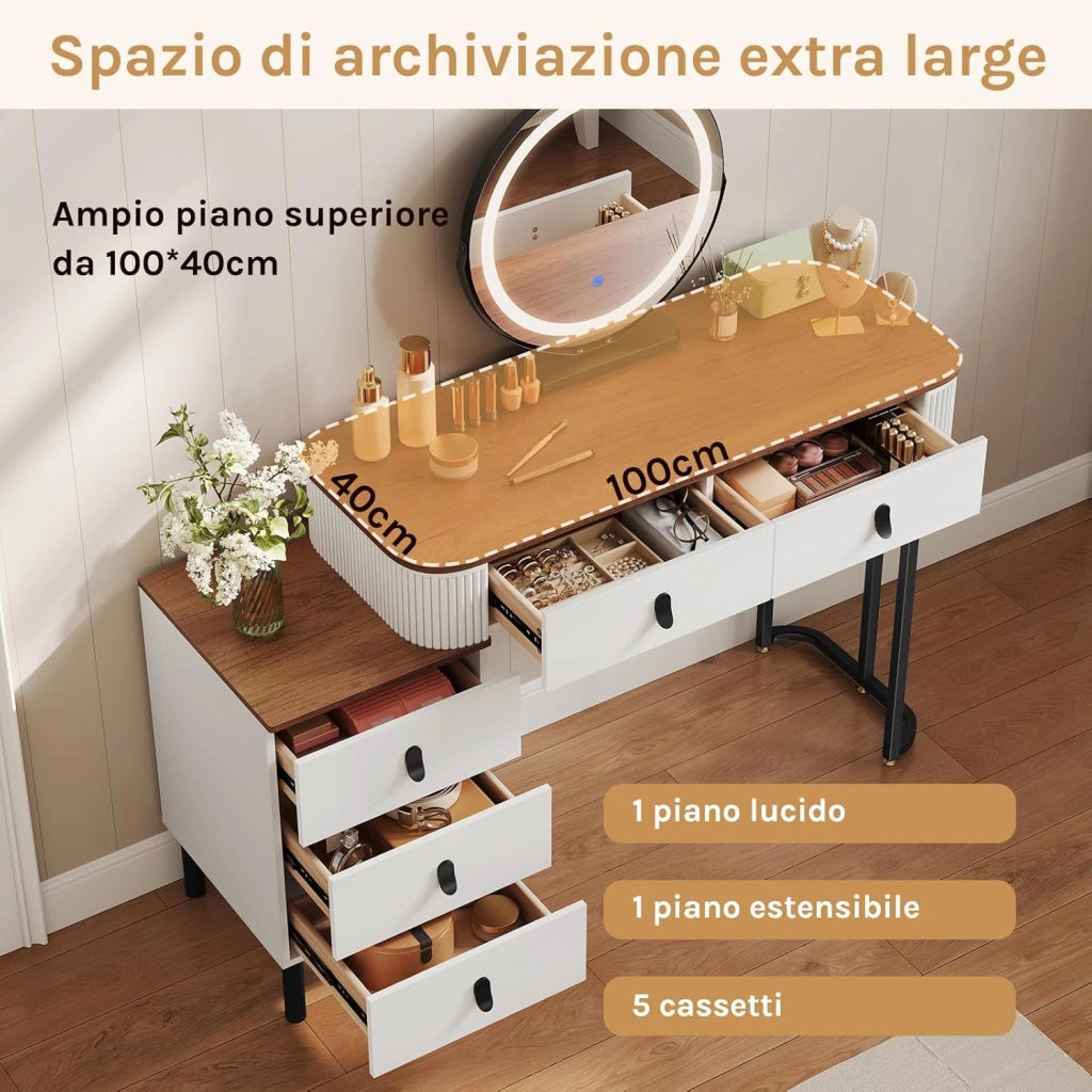 Postazione Trucco, Toeletta con Luci Dimmerabili, con Specchio Rimovibile, Consolle da Trucco per Donna, Cassettiera Spostabile