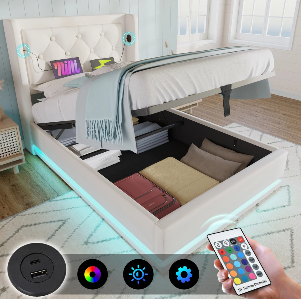 Letto singolo contenitore 90x200 cm in PU bianco con LED; USB e Type-C